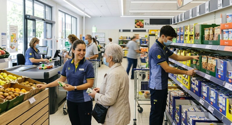 Lidl employees working inside a supermarket in Spain