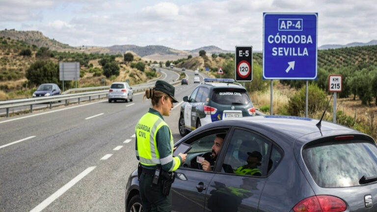 Traffic officer checking a vehicle during a roadside inspection in Spain