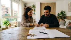 Rental contract in Spain with house keys on a table