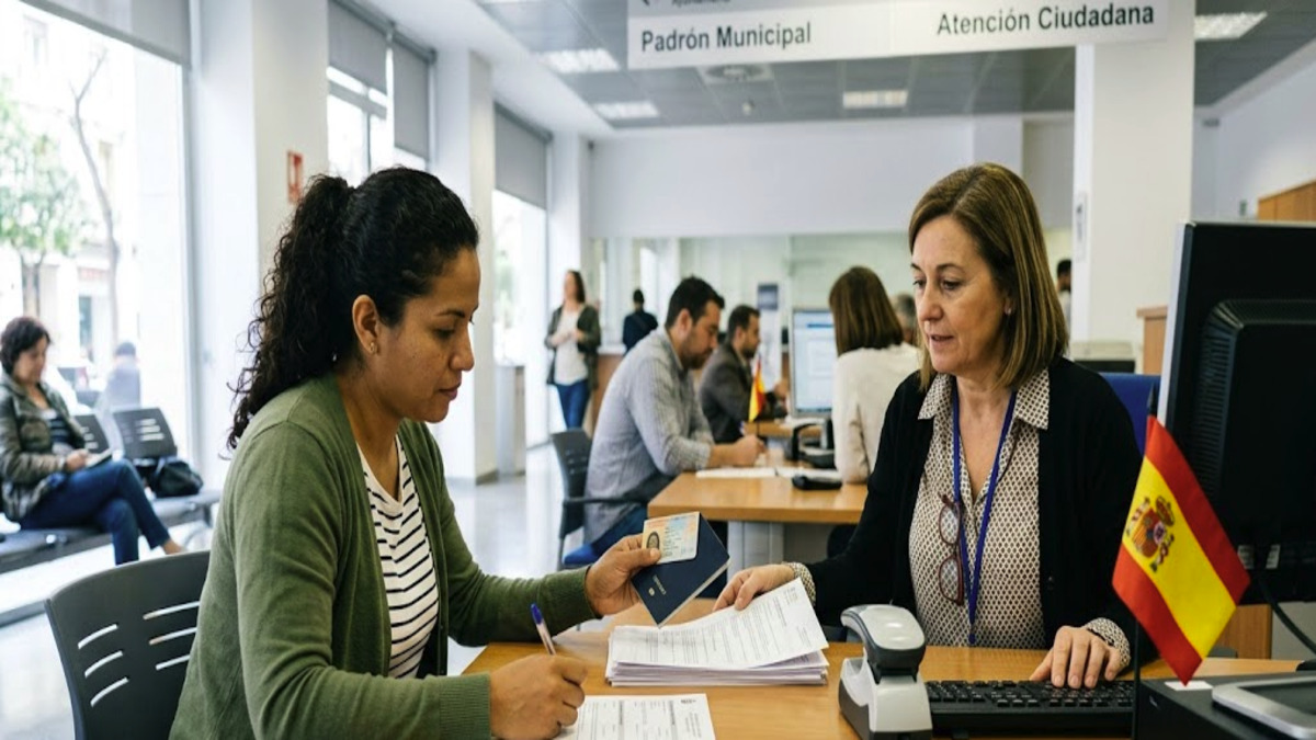 Person completing residency registration in Spain at a municipal office