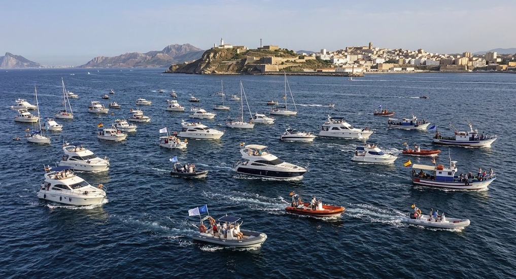 Around 50 civilian boats sailing toward Ceuta in a solidarity maritime gathering