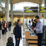 Spanish border officer checking a traveller's passport at an airport