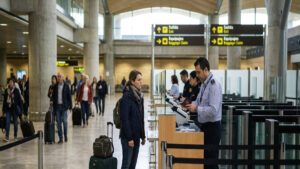 Spanish border officer checking a traveller's passport at an airport
