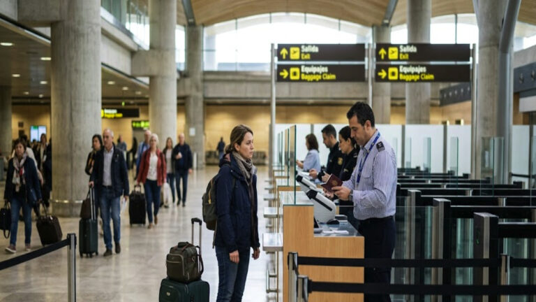 Spanish border officer checking a traveller's passport at an airport