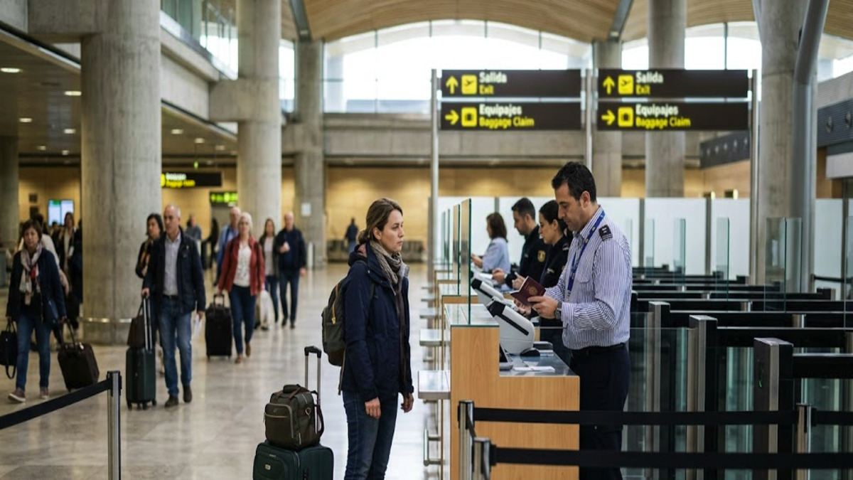 Spanish border officer checking a traveller's passport at an airport
