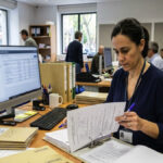 Administrative worker reviewing scholarship application documents
