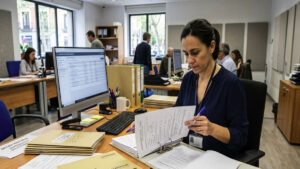 Administrative worker reviewing scholarship application documents
