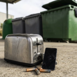 Old battery, broken mobile phone and small appliance ready for recycling