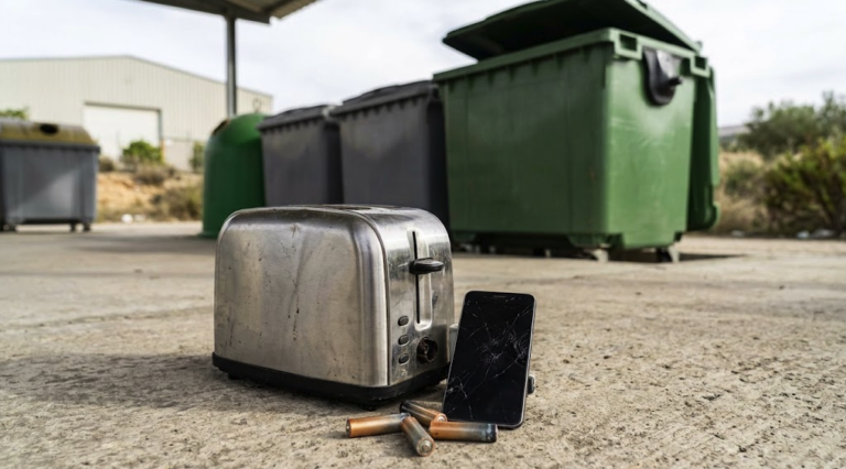 Old battery, broken mobile phone and small appliance ready for recycling