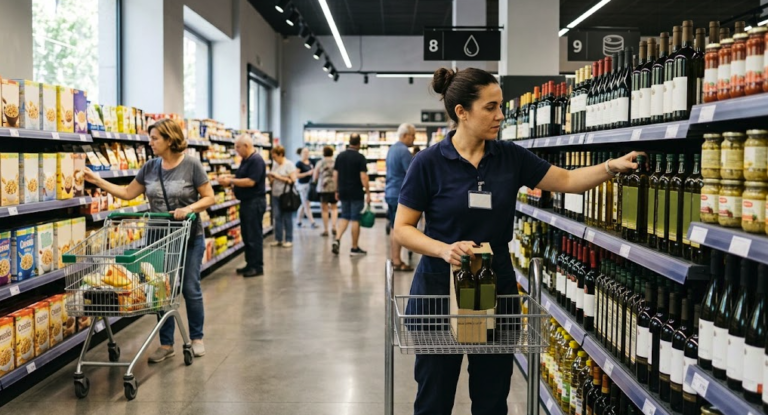 Alcampo supermarket worker restocking products in Spain
