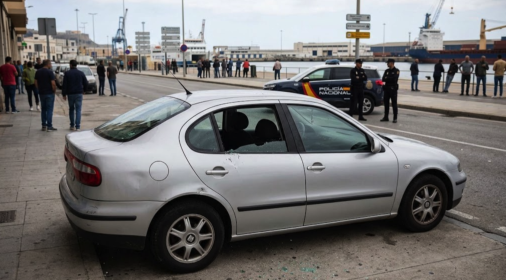 Damaged car belonging to Ceuta assembly deputy after incident at the port