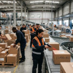Workers sorting parcels at a logistics center for Correos Express