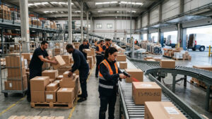 Workers sorting parcels at a logistics center for Correos Express