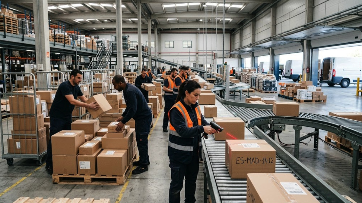 Workers sorting parcels at a logistics center for Correos Express