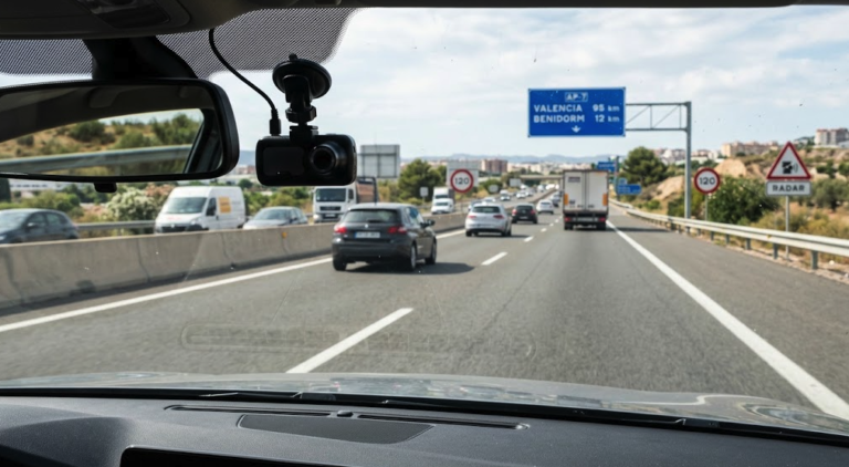 Dash cam installed inside a car while driving on a Spanish road