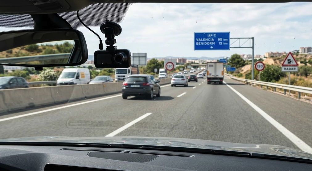 Dash cam installed inside a car while driving on a Spanish road