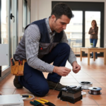 Fiber optic installer working inside a Spanish home