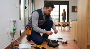 Fiber optic installer working inside a Spanish home