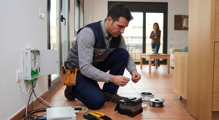 Fiber optic installer working inside a Spanish home