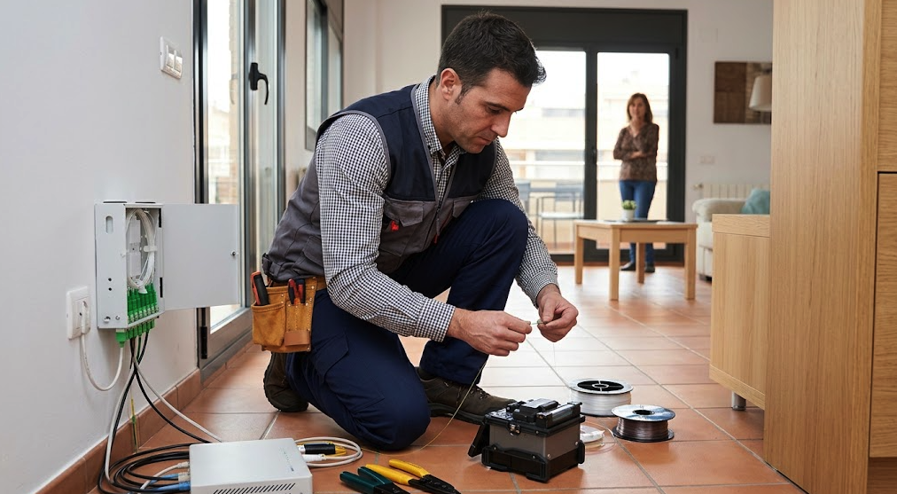 Fiber optic installer working inside a Spanish home