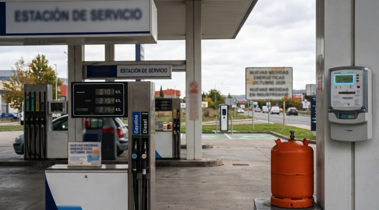 Spanish petrol station, butane gas cylinder and electricity meter representing energy price changes.