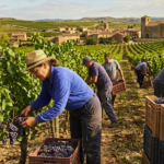 Workers harvesting grapes in a Spanish vineyard during grape-harvest season