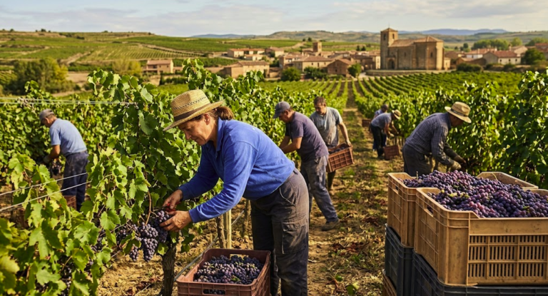 Workers harvesting grapes in a Spanish vineyard during grape-harvest season