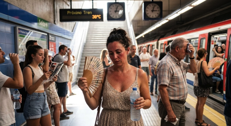 Passengers try to cool down during a heatwave in Madrid
