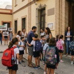 Spanish schoolchildren arrive at school as teachers protest over working conditions