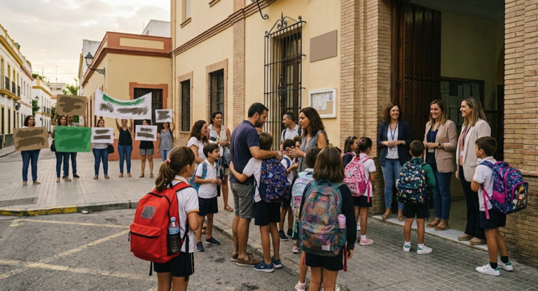 Spanish schoolchildren arrive at school as teachers protest over working conditions