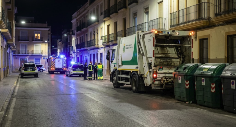 Garbage collection truck beside waste containers in Cartagena after a fatal incident