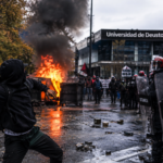 AI-generated illustration of a street disturbance near the University of Deusto in Bilbao, with protesters, police and burning debris.
