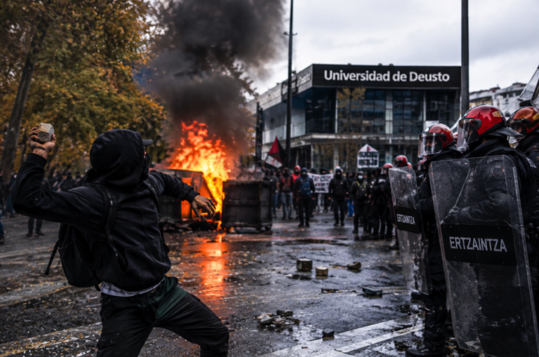AI-generated illustration of a street disturbance near the University of Deusto in Bilbao, with protesters, police and burning debris.