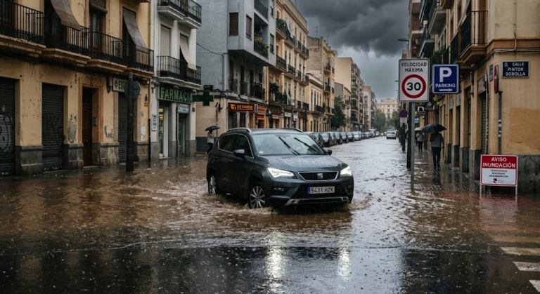 Vehicle driving through a flooded street after torrential rainfall