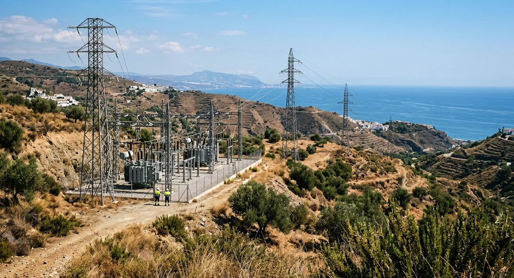 Costasol high-voltage electrical substation near dry countryside on the Costa del Sol
