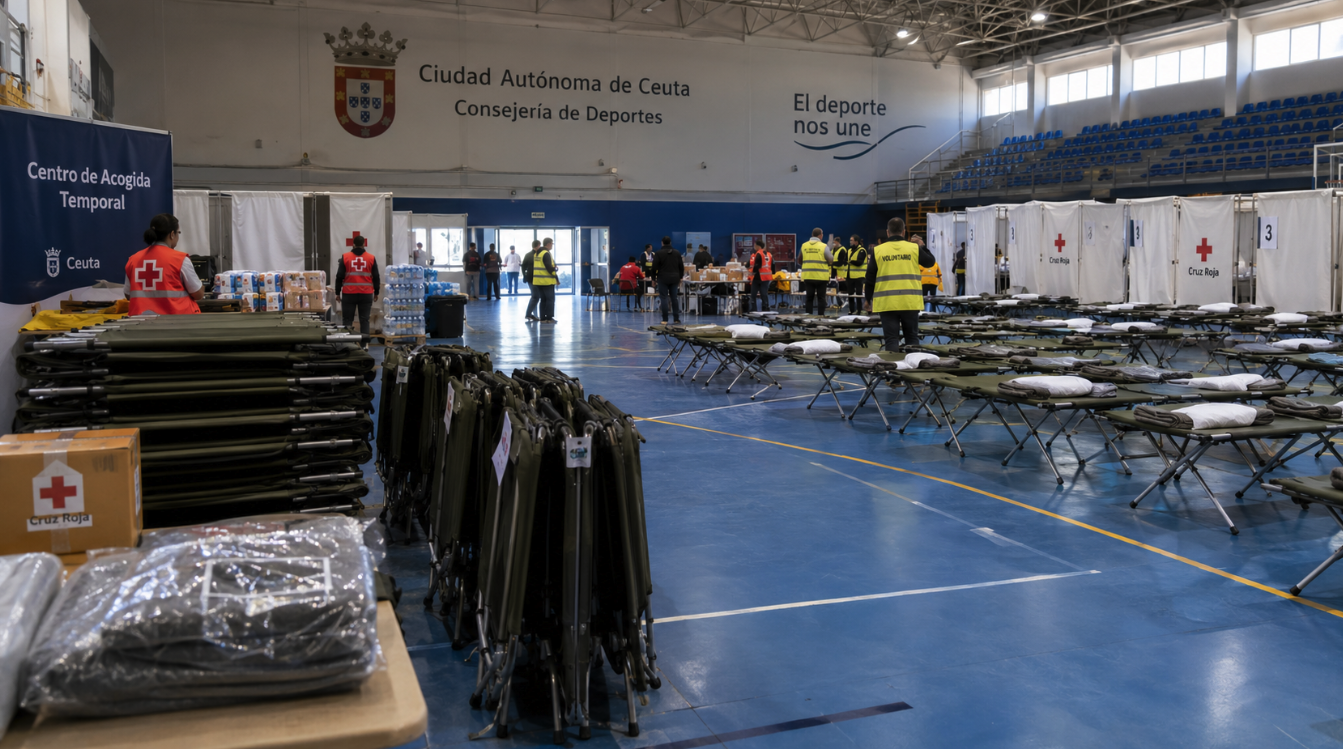 Temporary emergency reception facility for underage migrants at El Príncipe Alfonso sports complex in Ceuta, Spain.