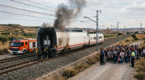High-speed train with smoke and flames after a fire near Zaragoza, Spain.
