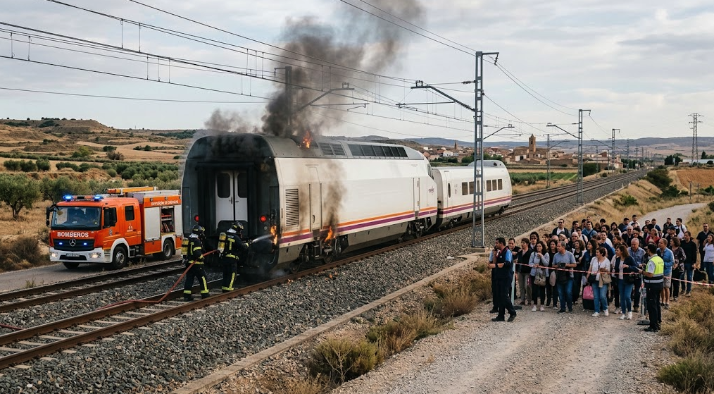 High-speed train with smoke and flames after a fire near Zaragoza, Spain.