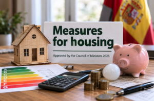 A miniature house, piggy bank and energy efficiency label illustrating housing measures and energy assistance in Spain.