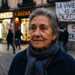 Portrait of Maricarmen, Spanish housing rights activist, during a neighborhood demonstration in Madrid.