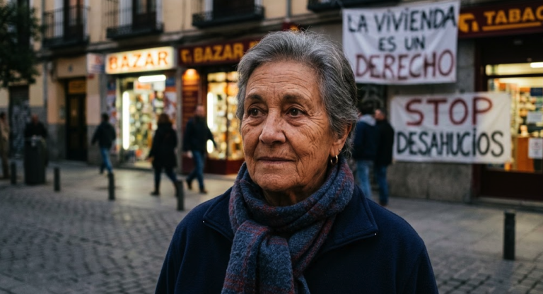 Portrait of Maricarmen, Spanish housing rights activist, during a neighborhood demonstration in Madrid.