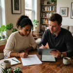 Couple reviewing their lease agreement at home following the publication of the new rental law regulations.