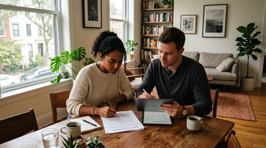 Couple reviewing their lease agreement at home following the publication of the new rental law regulations.