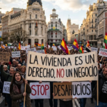 Protest banner in Spain reading 'Housing is a right, not a business' at a demonstration preceding Pedro Sánchez's early election call over the housing crisis.