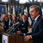 Pedro Sánchez speaking at a press conference following the European Council summit in Brussels regarding EU migration policy.