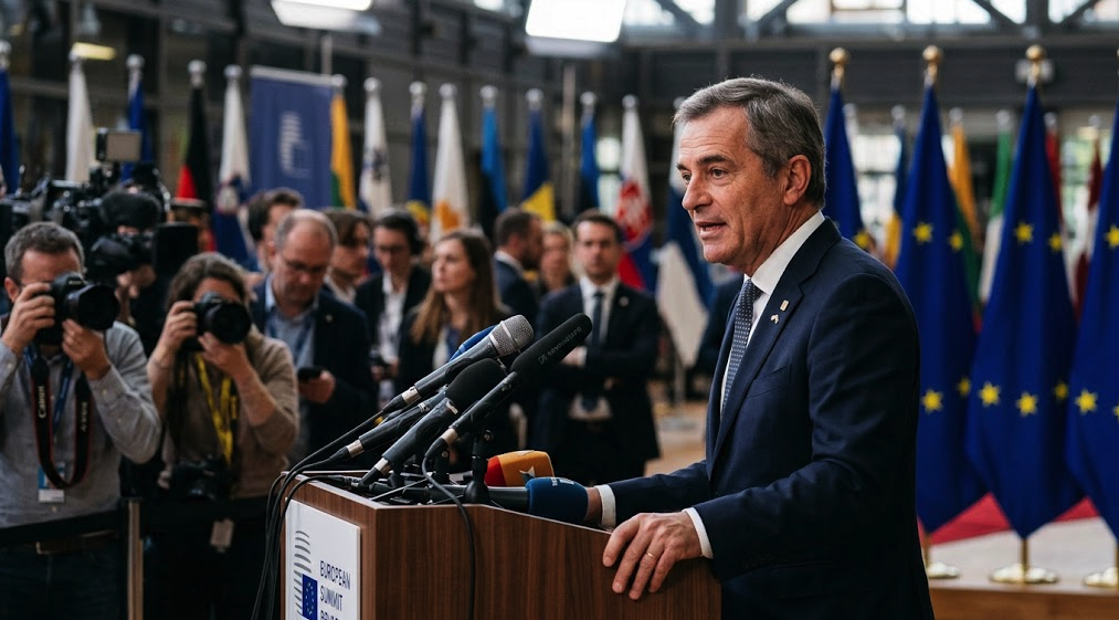 Pedro Sánchez speaking at a press conference following the European Council summit in Brussels regarding EU migration policy.