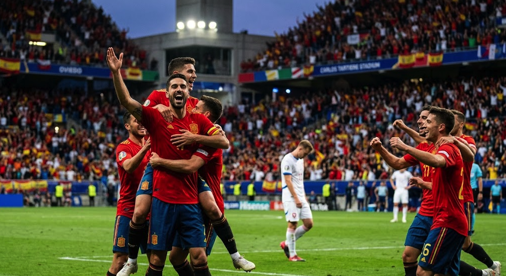 Spain celebrates a 3-1 victory over Czech Republic at Carlos Tartiere