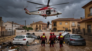 A rescue helicopter evacuates a stranded resident during severe flooding caused by torrential rain in eastern Spain.