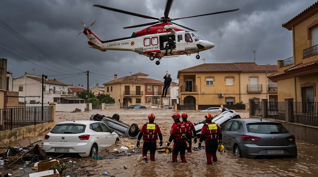 A rescue helicopter evacuates a stranded resident during severe flooding caused by torrential rain in eastern Spain.
