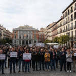 Peaceful housing affordability demonstration in Madrid, Spain, amid the election debate over rising housing costs.